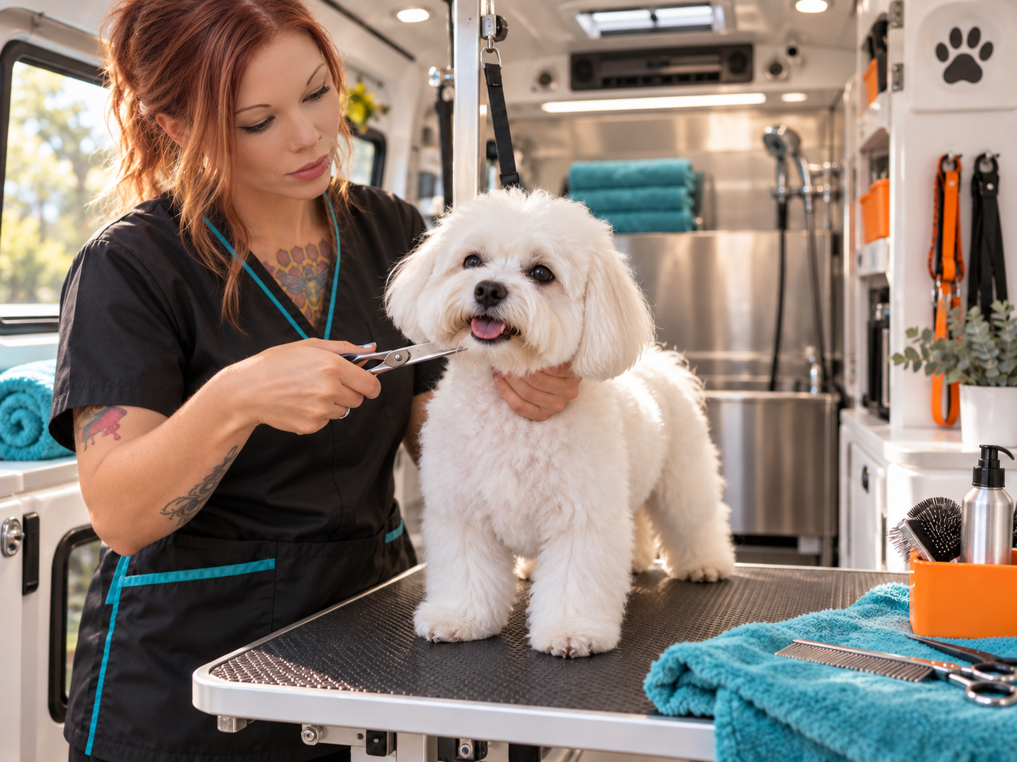 A small dog receiving a gentle trim inside a clean mobile grooming van