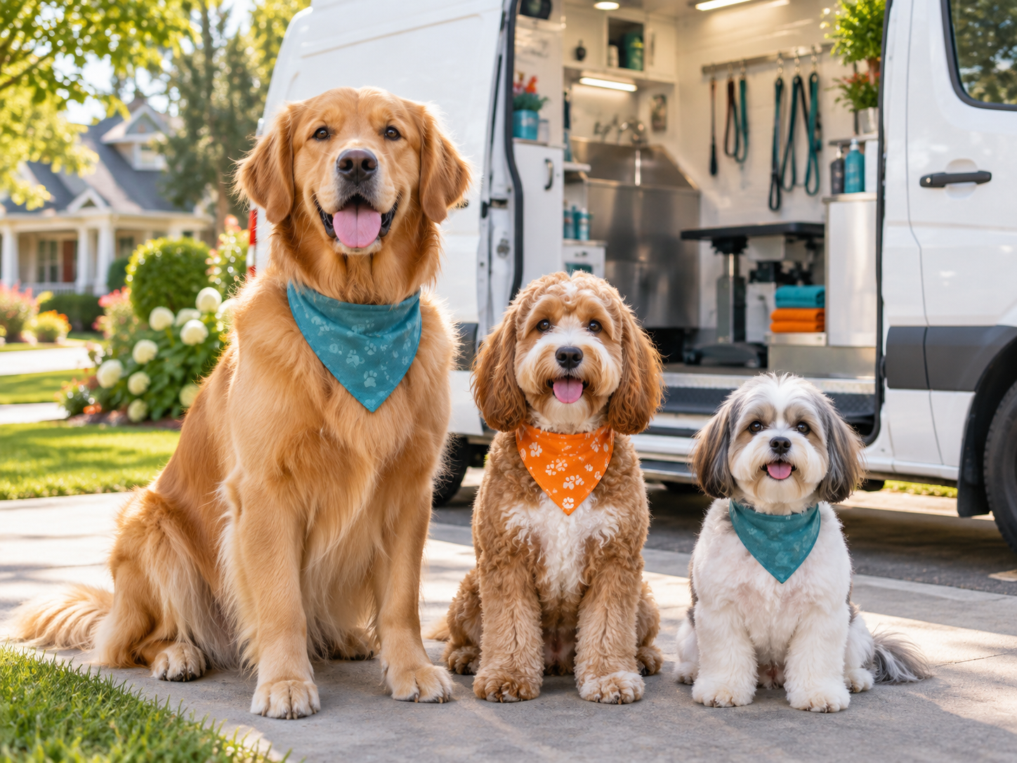 Three freshly groomed dogs sitting happily beside a mobile grooming van